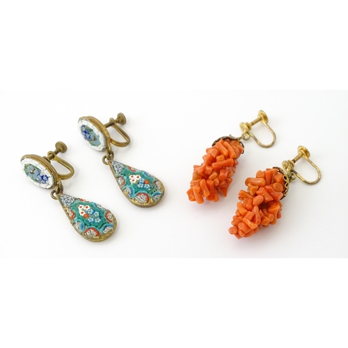 755 - Two pairs of vintage drop earrings, to include an example with micro mosaic detail, the other with c... 