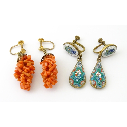 755 - Two pairs of vintage drop earrings, to include an example with micro mosaic detail, the other with c... 