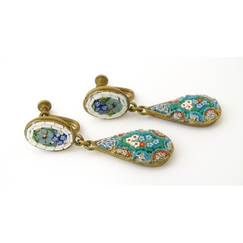 755 - Two pairs of vintage drop earrings, to include an example with micro mosaic detail, the other with c... 