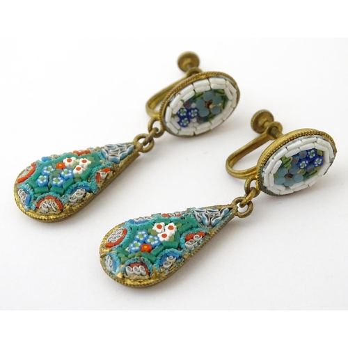 755 - Two pairs of vintage drop earrings, to include an example with micro mosaic detail, the other with c... 