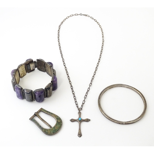 766 - Mexican silver items to include a bracelet set with amethyst by Damaso Gallegos of Taxco, a silver b... 