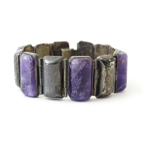 766 - Mexican silver items to include a bracelet set with amethyst by Damaso Gallegos of Taxco, a silver b... 