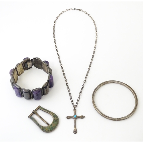 766 - Mexican silver items to include a bracelet set with amethyst by Damaso Gallegos of Taxco, a silver b... 