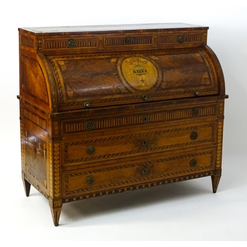 1454 - A 19thC continental desk with a roll top front having satinwood marquetry decoration alongside decor... 