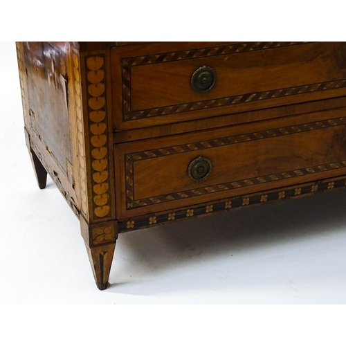 1454 - A 19thC continental desk with a roll top front having satinwood marquetry decoration alongside decor... 