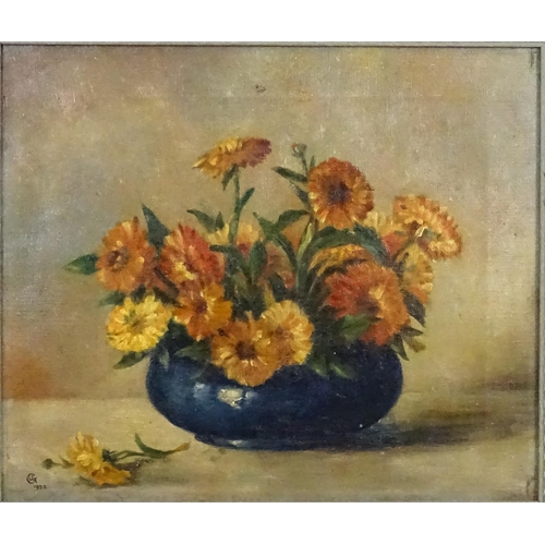 1725 - Early 20th century, Oil on canvas, A still life study depicting marigolds in a vase. Signed with mon... 