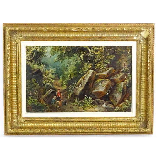 1726 - 20th century, Oil on board, Two figures resting on a woodland path. Signed J. Mc lower left. Approx.... 