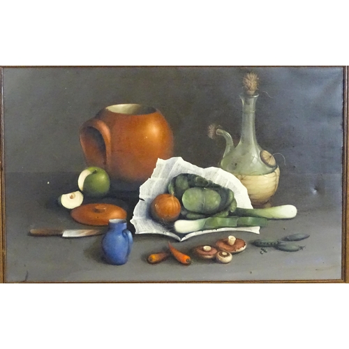 1745 - George Reekie, 20th century, Oil on canvas, A still life study with an old chianti bottle, an earthe... 