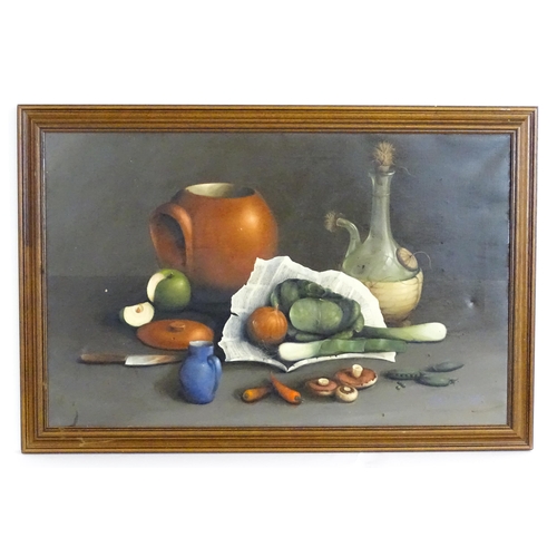 1745 - George Reekie, 20th century, Oil on canvas, A still life study with an old chianti bottle, an earthe... 