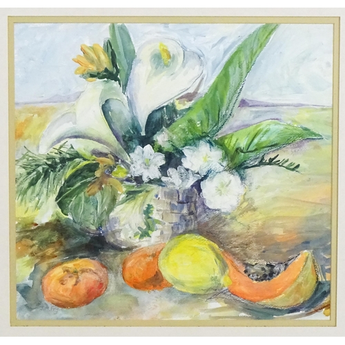 1818 - J. M. Fry, 20th century, Watercolour, A still life study with a peace lily and flowers in a basket a... 