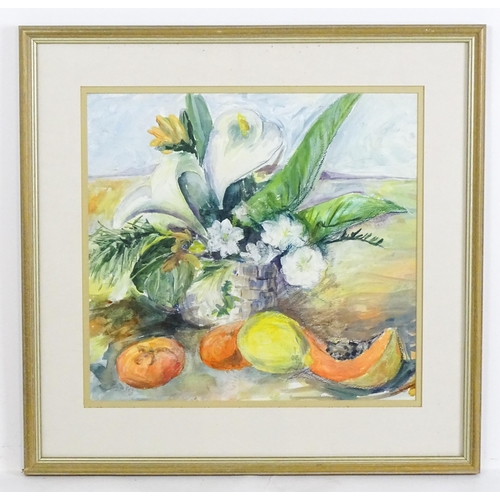 1818 - J. M. Fry, 20th century, Watercolour, A still life study with a peace lily and flowers in a basket a... 