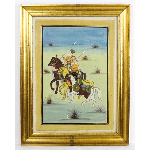 1823 - Indian / Persian School, Gouache, Three figures on horseback, two with spears. Approx. 18 1/2