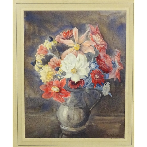 1825 - M. Worsley, 20th century, Watercolour, A still life study of flowers in a pewter jug. Signed lower r... 