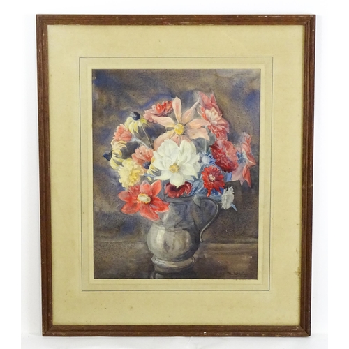 1825 - M. Worsley, 20th century, Watercolour, A still life study of flowers in a pewter jug. Signed lower r... 