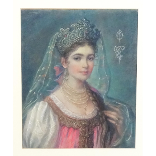 1826 - Marina Kuznetsova (b.1963), Russian School, Pastel, A portrait of a Russian woman wearing a jewelled... 