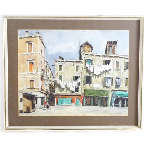 1827 - Farago, 20th century, Italian School, Watercolour. A Venetian street scene with figures and hanging ... 