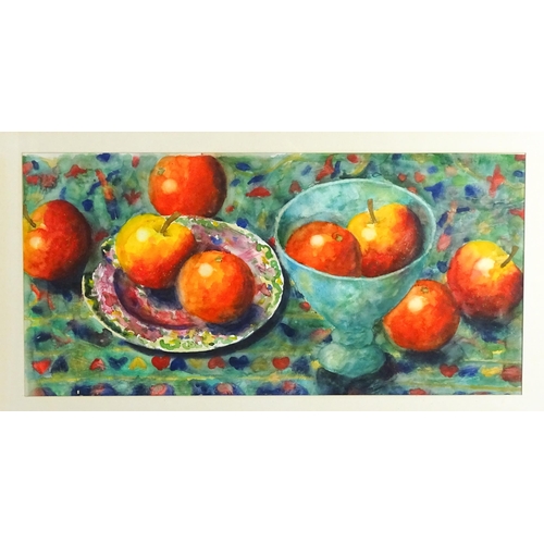 1830 - Andy Waite, 20th century, Watercolour, Apples & Oranges, A still life study with fruit on a colourfu... 