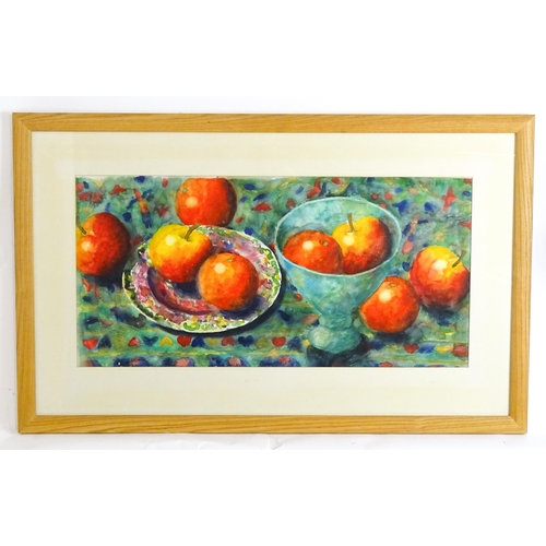 1830 - Andy Waite, 20th century, Watercolour, Apples & Oranges, A still life study with fruit on a colourfu... 