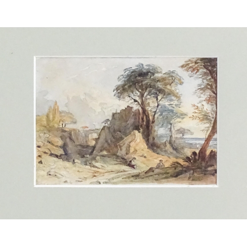 1841 - 19th century, Watercolours, Two landscape scenes, one with figures resting on a rocky path, the othe... 