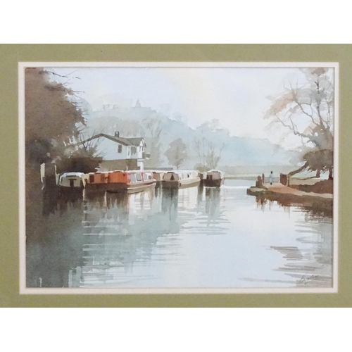 1848 - Maurice Braley, 20th century, English School, Watercolours, A canal scene with boats, Swans at low t... 