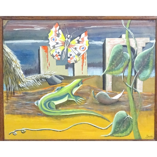 1880 - E. Tranter, 20th century, Watercolour, A Surrealist composition with lizard, moth / butterfly, hoove... 