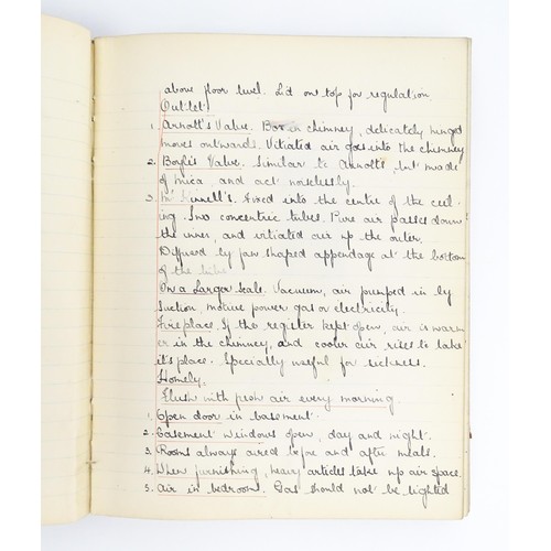 1954 - An early 20thC handwritten book titled Notes on Home Management, dated January 1911, with hand drawn... 