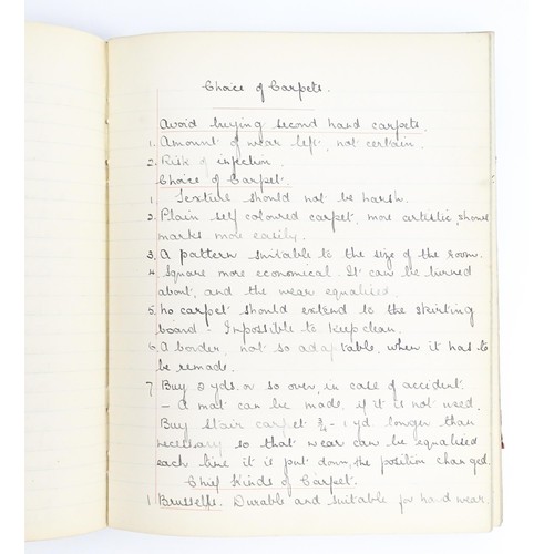 1954 - An early 20thC handwritten book titled Notes on Home Management, dated January 1911, with hand drawn... 