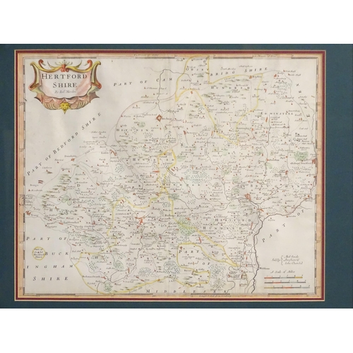 1976 - Map: An engraved map of Hertfordshire by Robert Morden, with hand colouring. Approx. 14 1/4