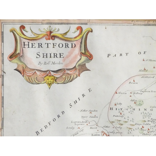 1976 - Map: An engraved map of Hertfordshire by Robert Morden, with hand colouring. Approx. 14 1/4