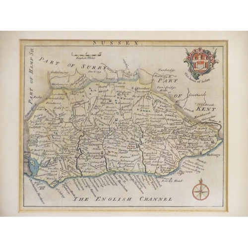 1979 - Map: An engraved map of the county of Sussex depicting Hastings, Chichester, etc. With the arms of S... 