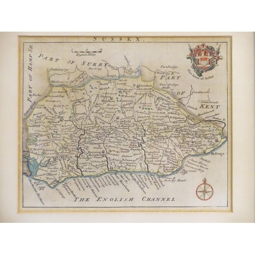 1979 - Map: An engraved map of the county of Sussex depicting Hastings, Chichester, etc. With the arms of S... 