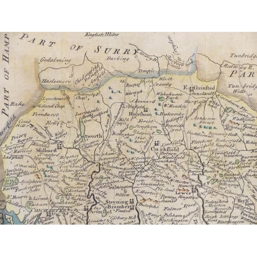 1979 - Map: An engraved map of the county of Sussex depicting Hastings, Chichester, etc. With the arms of S... 