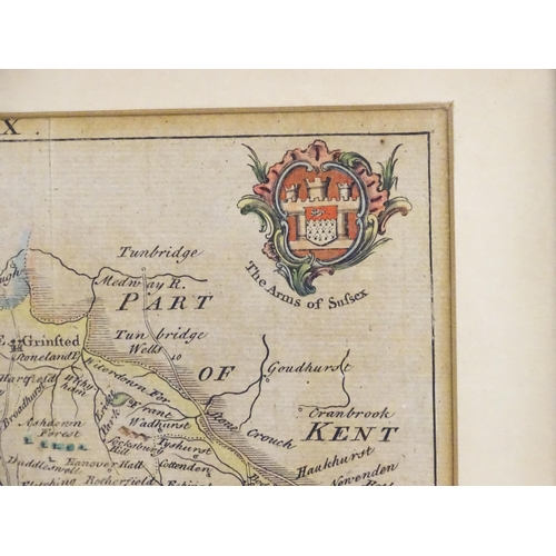 1979 - Map: An engraved map of the county of Sussex depicting Hastings, Chichester, etc. With the arms of S... 