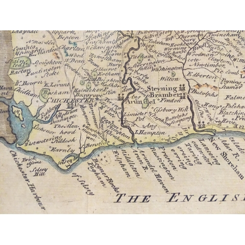 1979 - Map: An engraved map of the county of Sussex depicting Hastings, Chichester, etc. With the arms of S... 