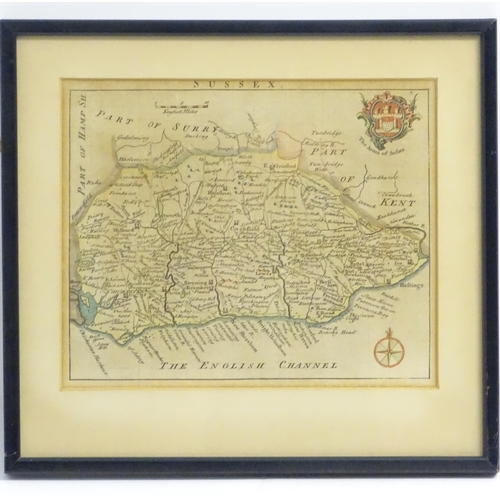 1979 - Map: An engraved map of the county of Sussex depicting Hastings, Chichester, etc. With the arms of S... 