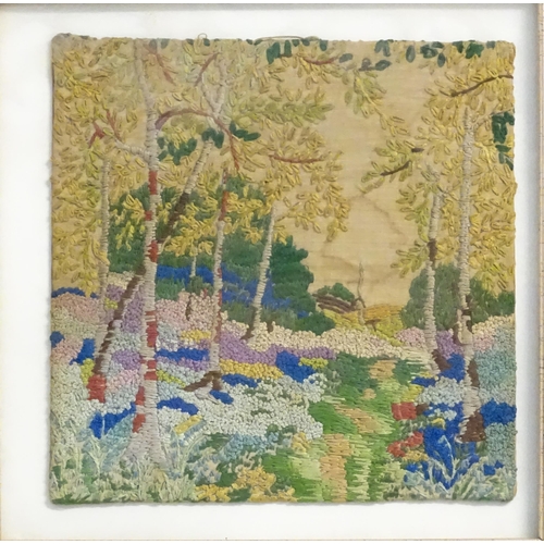 1982 - An early 20thC stump work needlework embroidery depicting a woodland with wild flowers. Approx. 7 1/... 