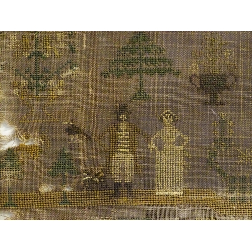 1983 - An early 19thC needlework sampler embroidered with figures, trees, birds, etc, with verse to centre,... 