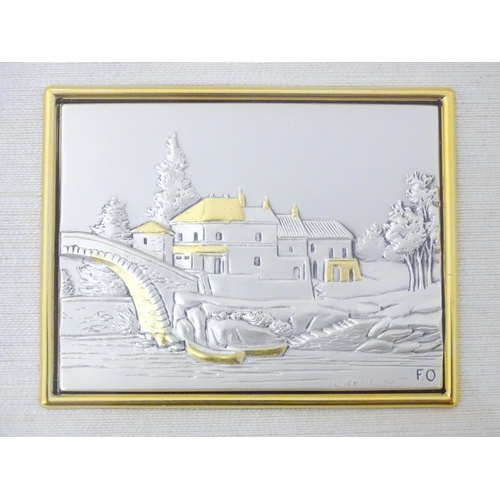 535 - An Italian .925 silver plaque depicting houses, bridge, boat and river in a landscape, maker FO. Ima... 