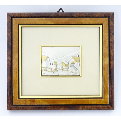 536 - An Italian .925 silver plaque depicting houses in a landscape, maker FO. Image approx. 2 1/2