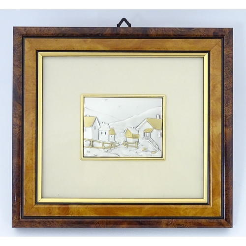 536 - An Italian .925 silver plaque depicting houses in a landscape, maker FO. Image approx. 2 1/2