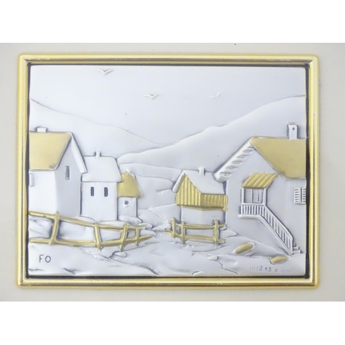 536 - An Italian .925 silver plaque depicting houses in a landscape, maker FO. Image approx. 2 1/2