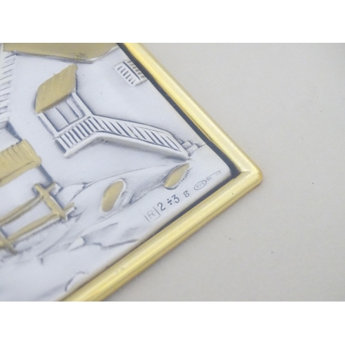 536 - An Italian .925 silver plaque depicting houses in a landscape, maker FO. Image approx. 2 1/2