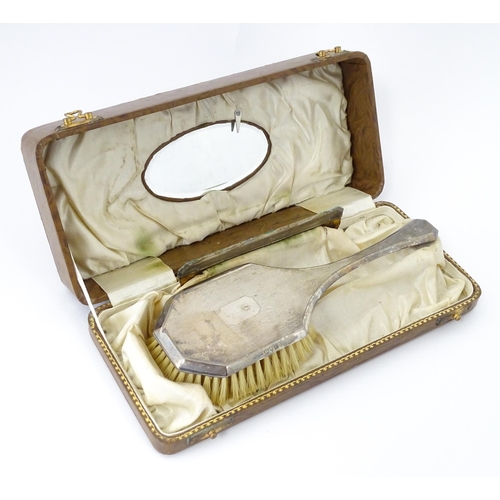 542 - Dressing table items to include a silver brush with engine turned decoration hallmarked Chester 1932... 