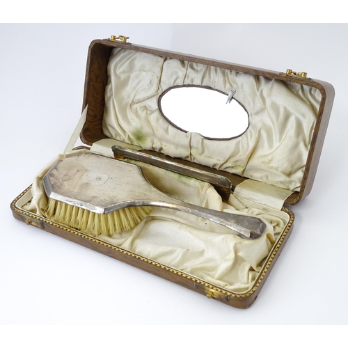 542 - Dressing table items to include a silver brush with engine turned decoration hallmarked Chester 1932... 