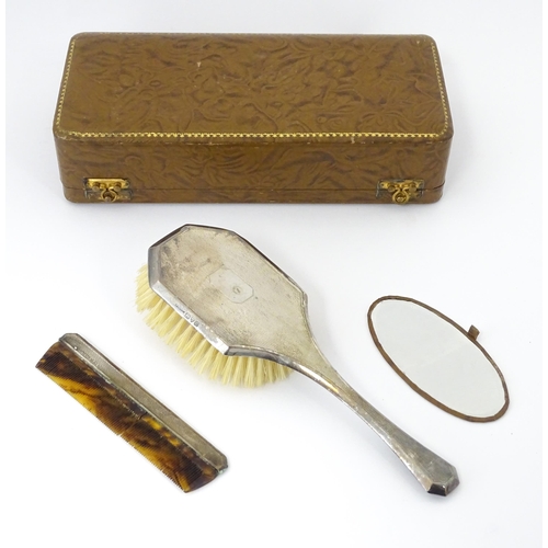 542 - Dressing table items to include a silver brush with engine turned decoration hallmarked Chester 1932... 