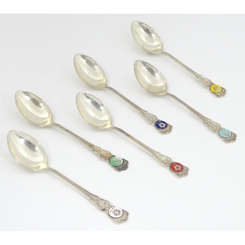 549 - A cased set of six Japanese Export silver spoons to commemorate Expo '70 with enamel decoration to h... 