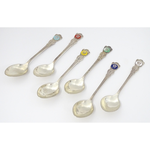 549 - A cased set of six Japanese Export silver spoons to commemorate Expo '70 with enamel decoration to h... 