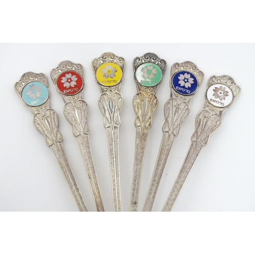 549 - A cased set of six Japanese Export silver spoons to commemorate Expo '70 with enamel decoration to h... 