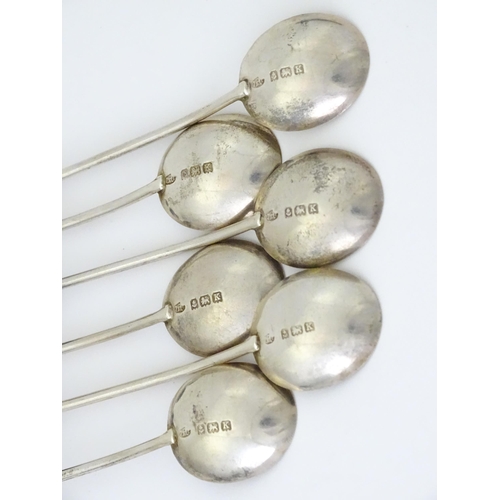 562 - A cased set of six silver coffee spoons with coffee bean finials, hallmarked Birmingham 1934, maker ... 