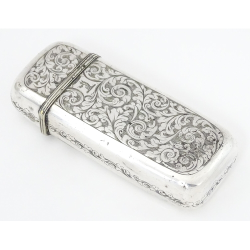 268 - A white metal / silver plate cigar box with engraved acanthus scroll decoration. Approx. 5 1/4